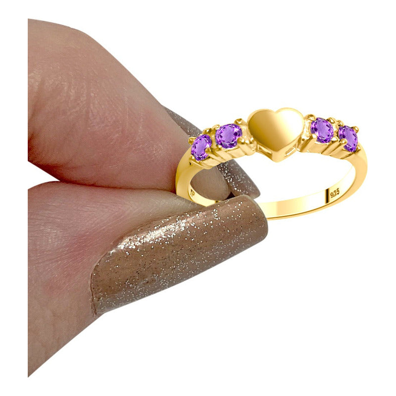 Anel Coração Prata 925 Banhado Ouro 18k Zirconia Roxa