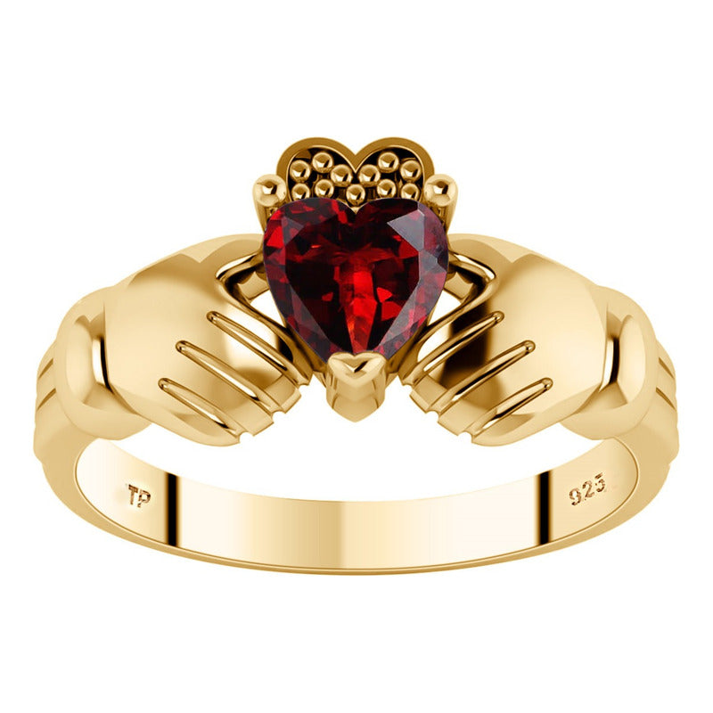 Irish Claddagh Ring 925 Silver 18k Gold - Garnet