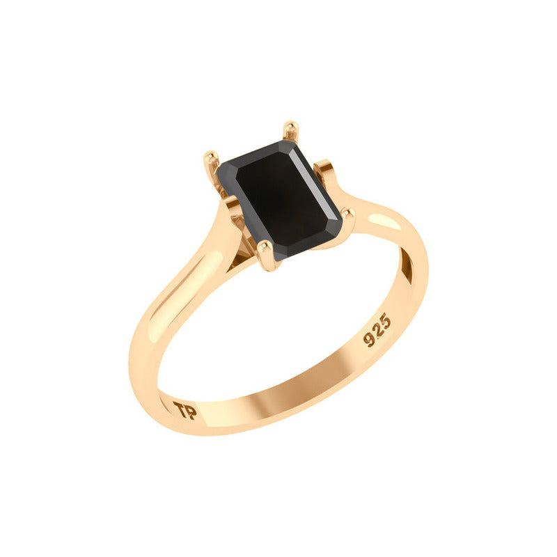 Anel Solitário Retangular Prata 925 Dourada 18k - Black Ônix