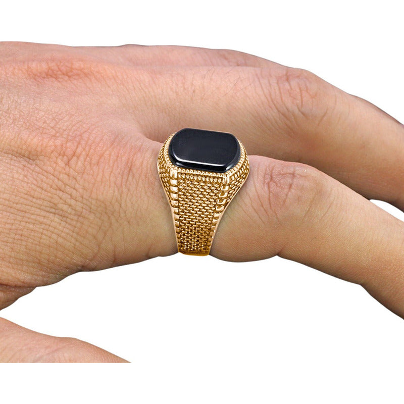 Anel Masculino Prata 925 Dourada Ouro 18k - Black Ônix