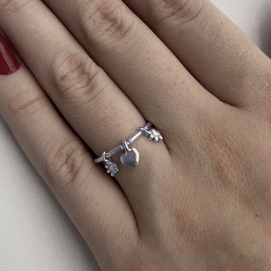 2x Anéis Patinhas Pingente Prata 925 Coração  - Exclusivo