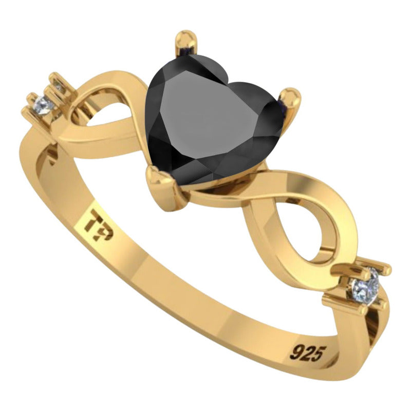 Anel Prata 925 Dourada 18k Infinito Amor Coração - Onix