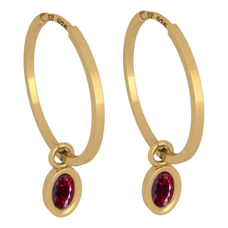 925 Silver 18k Gold Plated Oval Pendant Hoop Earring - Garnet