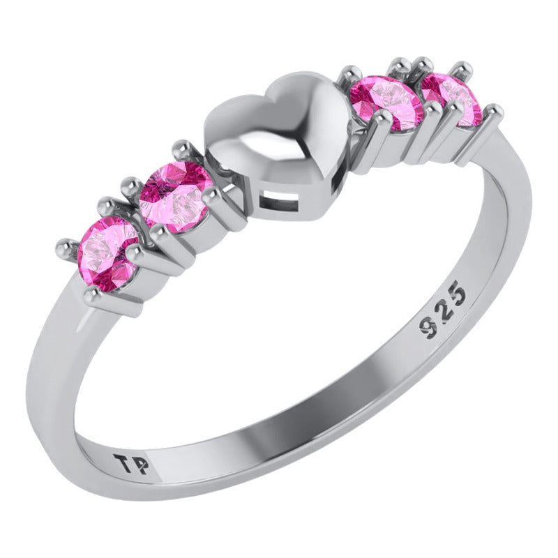 Solid Heart Ring In Pure 925 Silver - Pink Sapphire