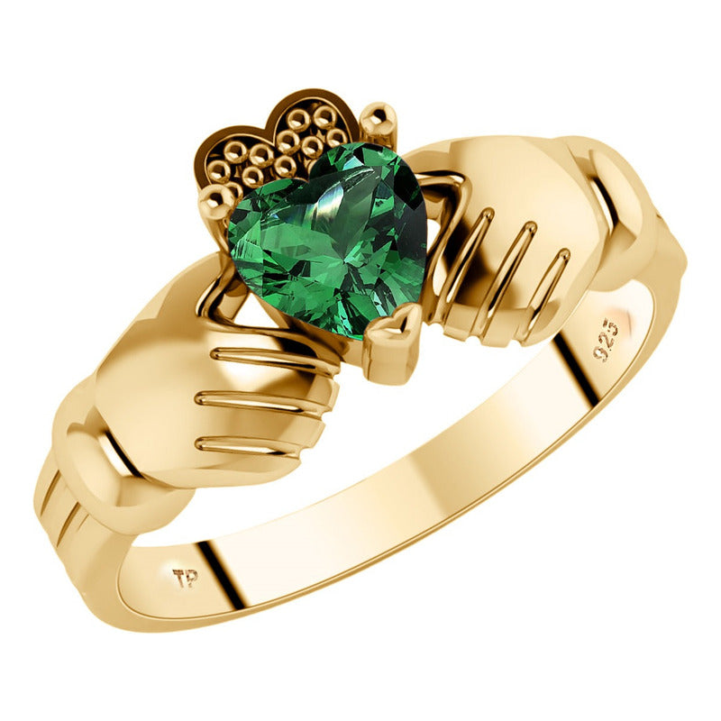 Anel Claddagh Irlandês Prata 925 Dourada 18k - Esmeralda