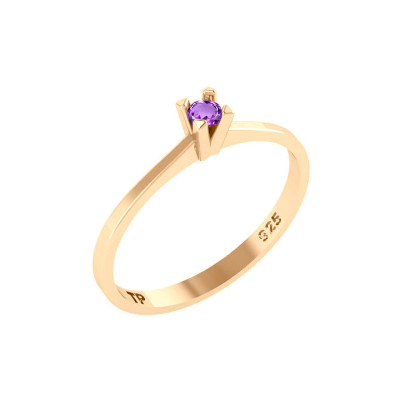Anel Solitário Prata 925 Dourada 18k - Ametista