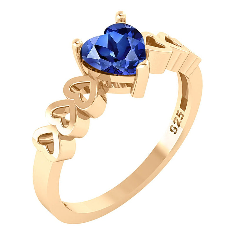 Anel Luxo Prata 925 Dourada A Ouro 18k - Safira Coração