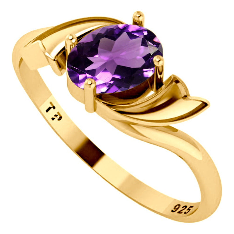 Anel Wings Prata 925 Dourada Ouro 18k - Ametista Oval