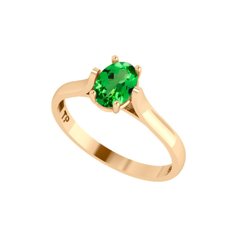 Anel Solitário Oval Em Prata 925 Dourada 18k - Esmeralda