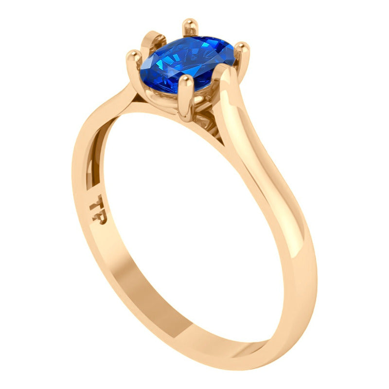 Anel Solitário Oval Em Prata 925 Dourada 18k - Safira