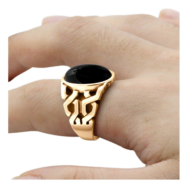 Anel Elos Oval Prata 925 Dourada Ouro 18k Black Ônix
