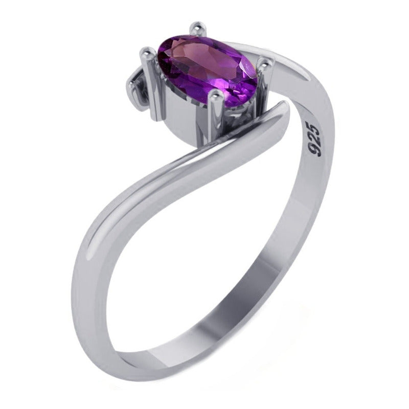 Anel De Prata 925 Solitário Miami Ametista - Feminino