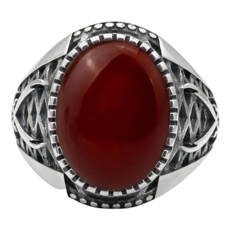 Anel Masculino De Prata 925 Oval Ágata Vermelha - Exclusivo