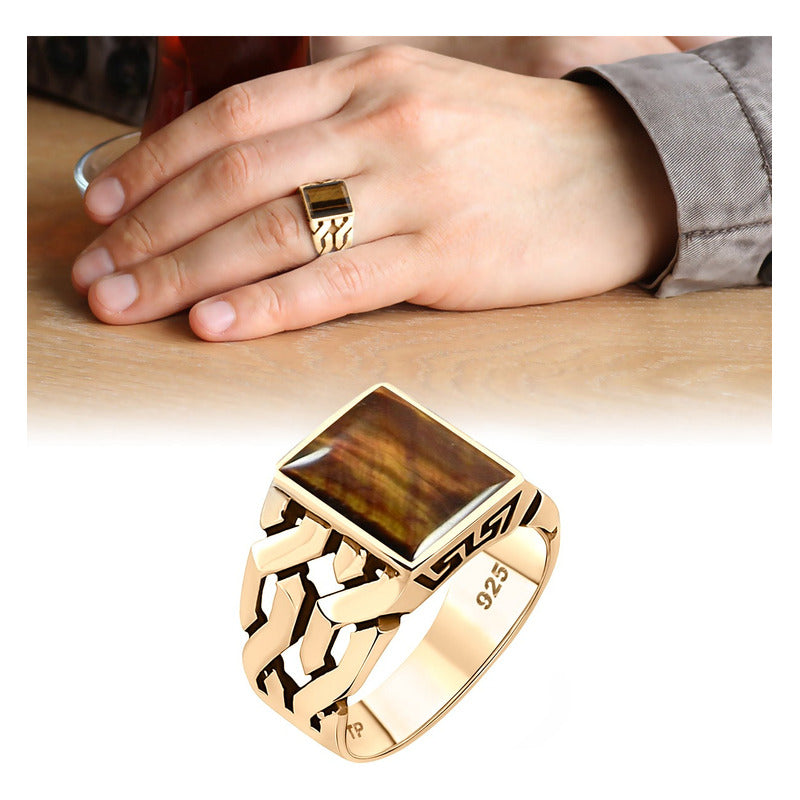 Anel Masculino Elos Prata 925 Dourada Ouro 18k Olho De Tigre