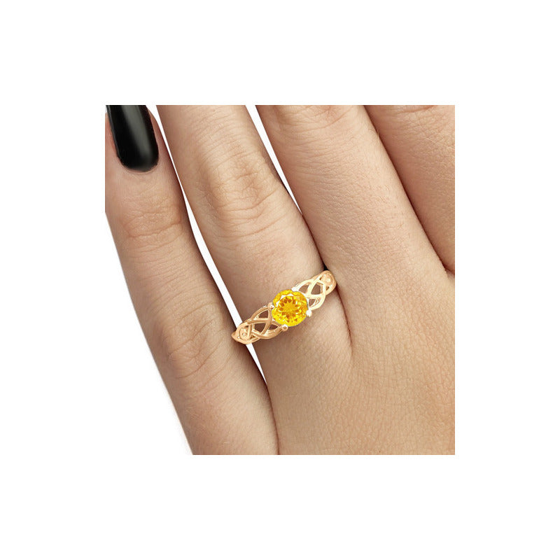 Anel Solitário Celta Knot Prata 925 Dourada 18k - Citrino