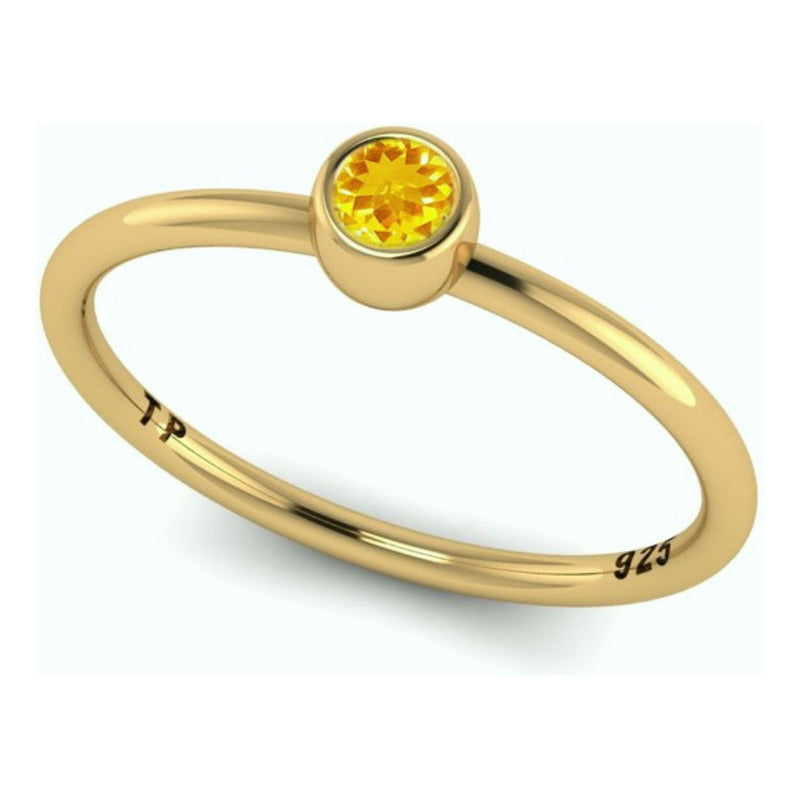 Anel Solitário Citrino Redonda - Prata 925 Dourada Ouro 18k