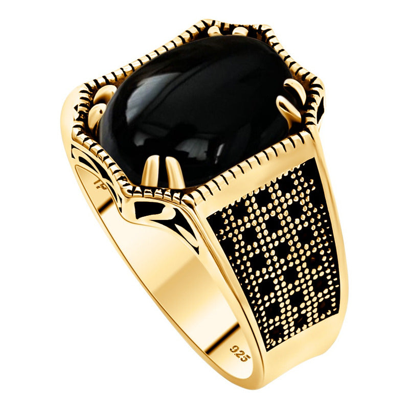 Anel Cabochão Prata 925 Dourada Ouro 18k- Black Ônix Natural