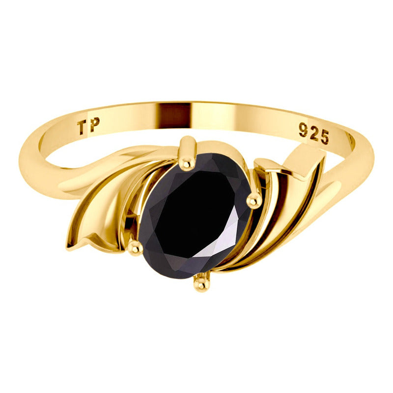 Anel Wings Prata 925 Dourada Ouro 18k - Black Ônix Oval