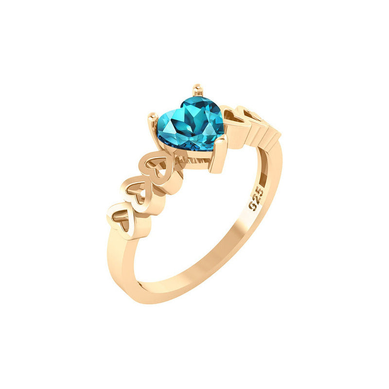 Anel Luxo Coração Prata 925 Dourada A Ouro 18k- Topázio Azul