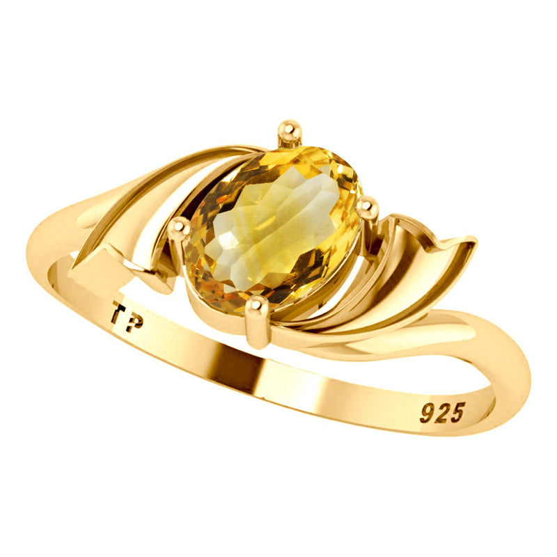 Anel Wings Prata 925 Dourada Ouro 18k - Citrino Oval