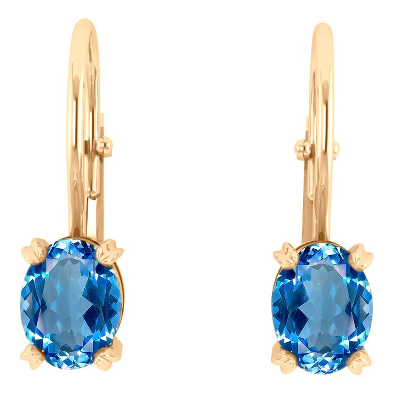 Brinco Trava Pura Prata 925 Dourada 18k - Topázio Azul Oval