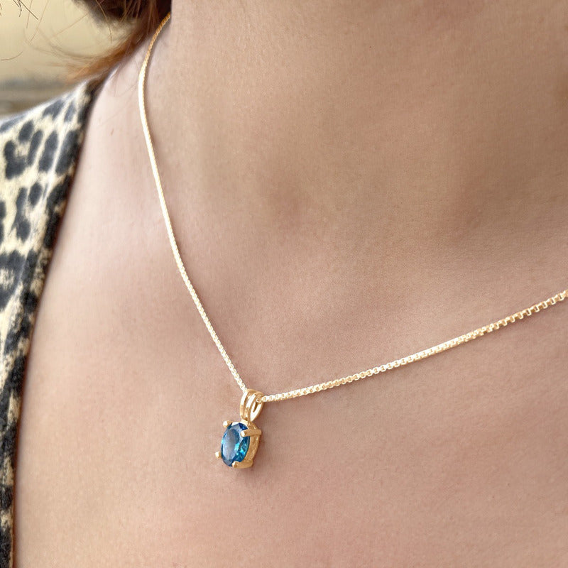 Colar Pingente Oval Prata 925 Dourada 18k - Topázio Azul