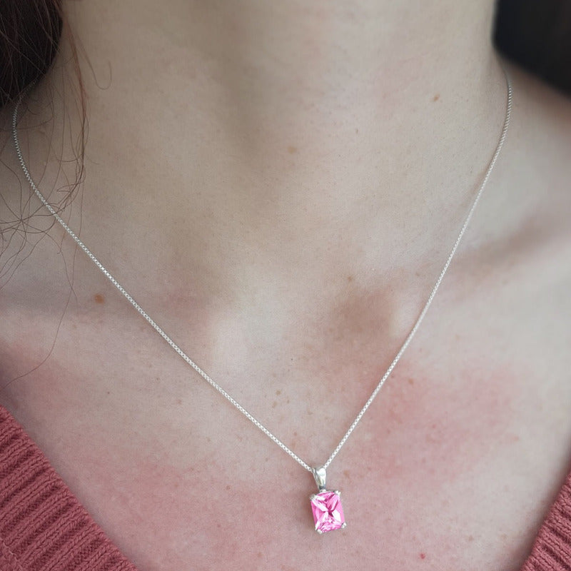Colar Prata 925 Retangular Safira Rosa - Exclusivo