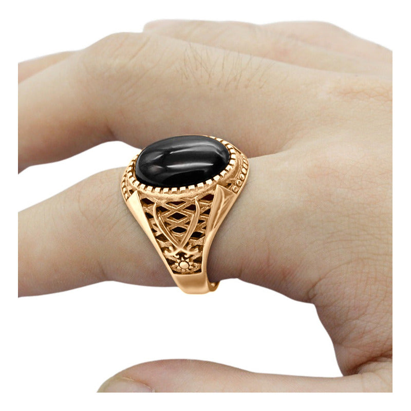 Anel Masculino Oval Prata 925 Dourada Ouro 18k - Black Ônix
