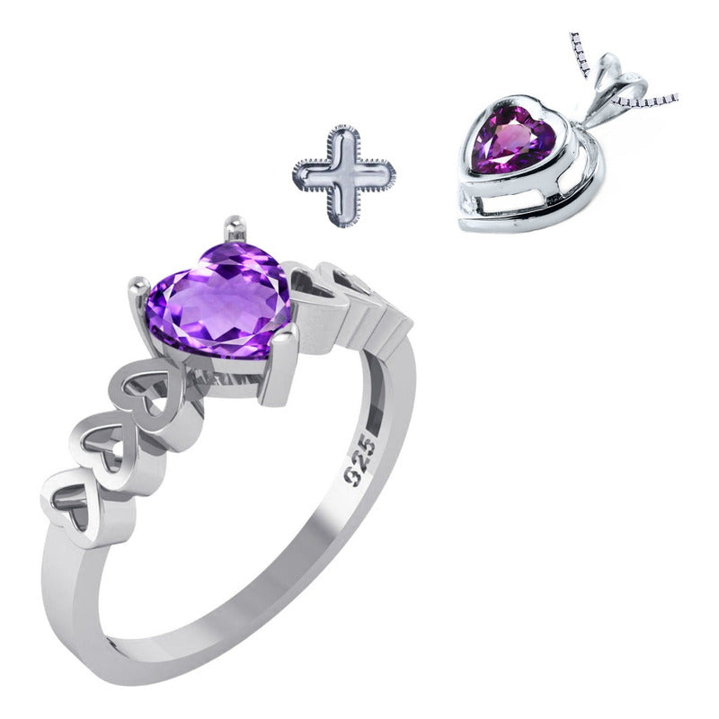 Kit de Anillo y Collar de Plata 925 Corazón de Amatista de Lujo - Exclusivo