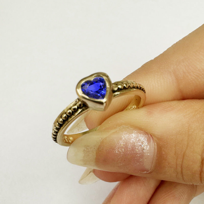 Anel Prata 925 Dourada 18k Solitário Coração - Safira