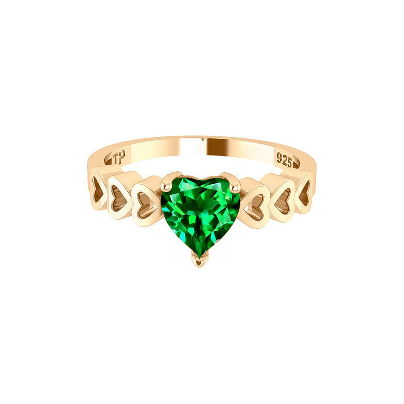 Anel Luxo Coração Prata 925 Dourada A Ouro 18k - Esmeralda
