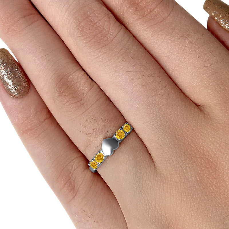 Solid Heart Ring In Pure 925 Silver - Citrine