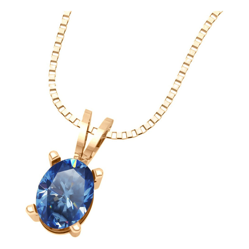 Colar Pingente Oval Prata 925 Dourada 18k - Topázio Azul