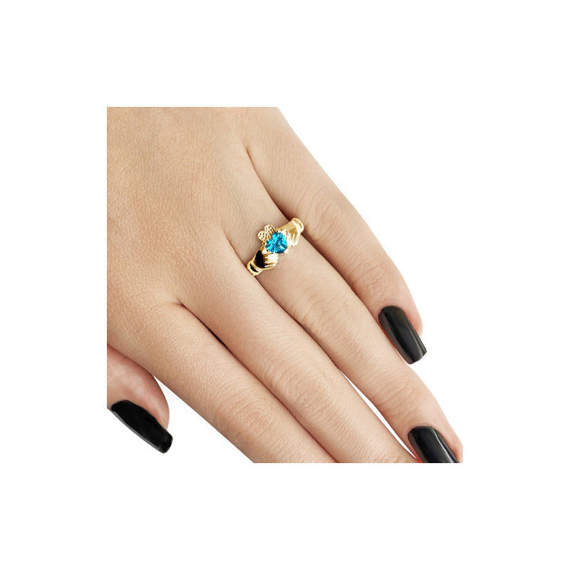 Anel Claddagh Irlandês Prata 925 Dourada 18k - Topázio Azul