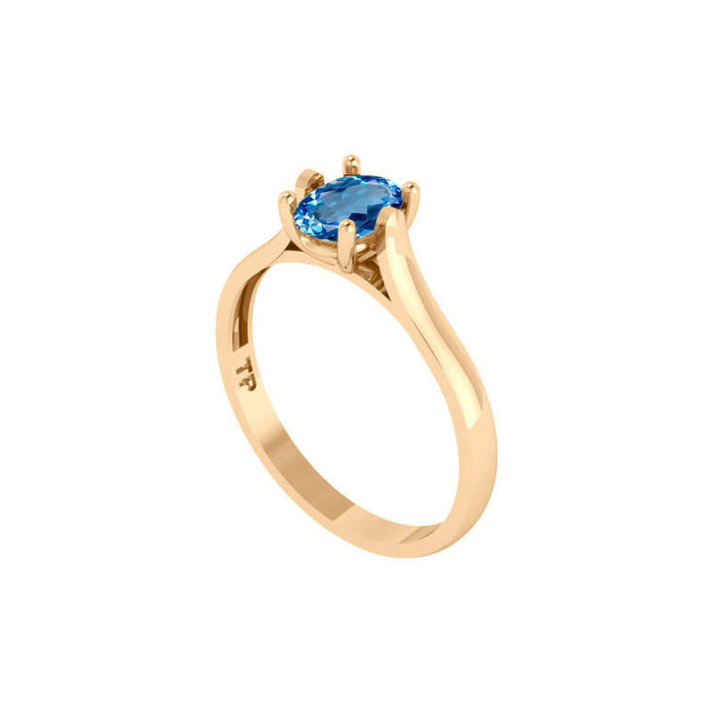 Anel Solitário Oval Em Prata 925 Dourada 18k - Topázio Azul