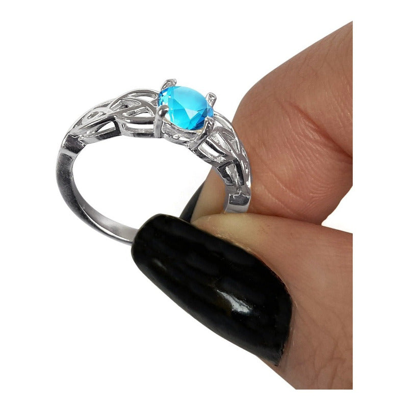 Anel Solitário Celta Knot Prata 925 Topázio Azul - Exclusivo