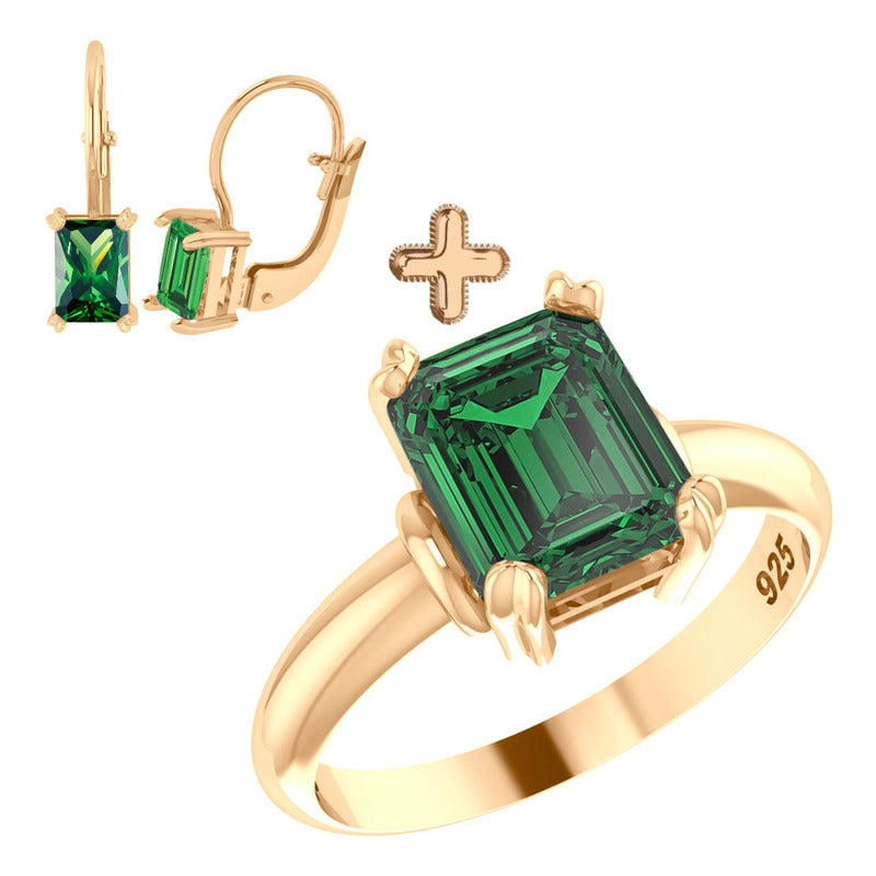 Kit Anel E Brinco Vintage Prata 925 Dourada 18k - Esmeralda