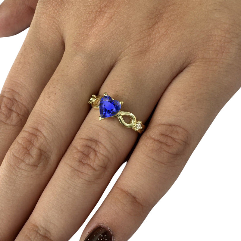 Anel Prata 925 Dourada 18k Infinito Amor Coração - Safira
