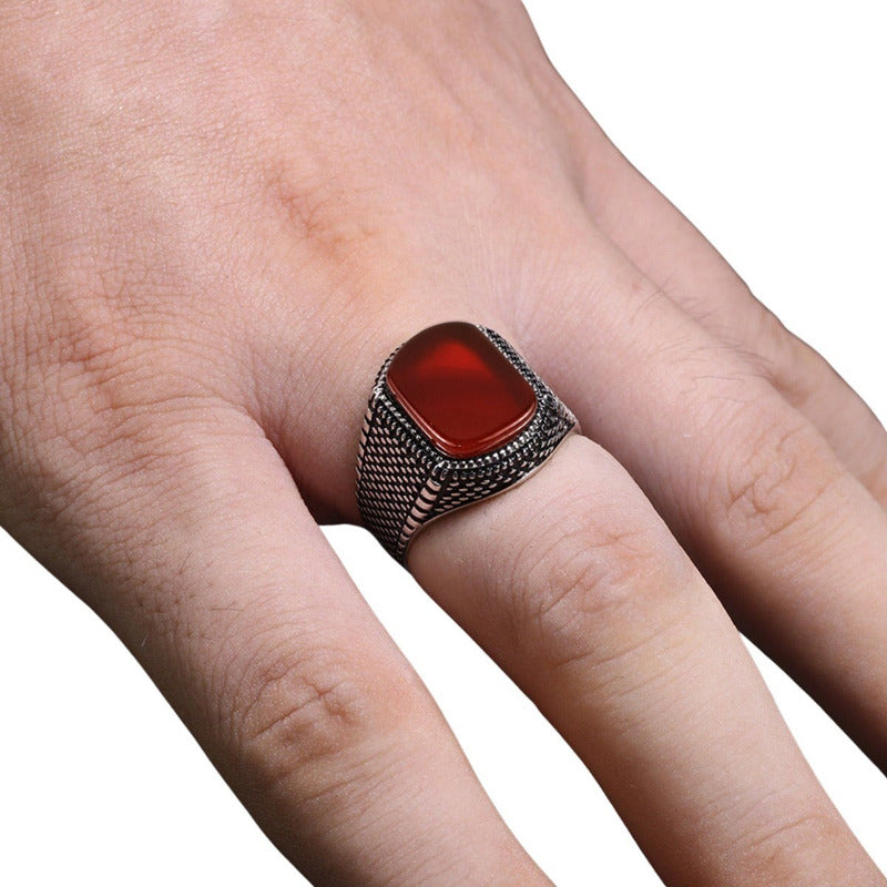 Anel Masculino Prata 925 Agata Vermelha Natural - Exclusivo