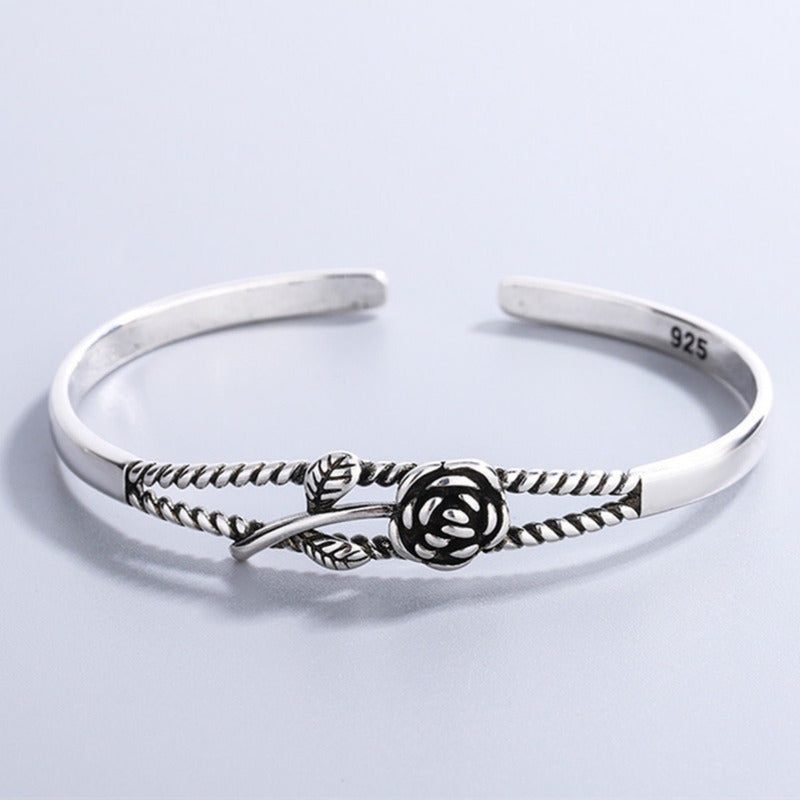 Pulseira Bracelete Floral Rígido Maciço Prata 925 - Feminino