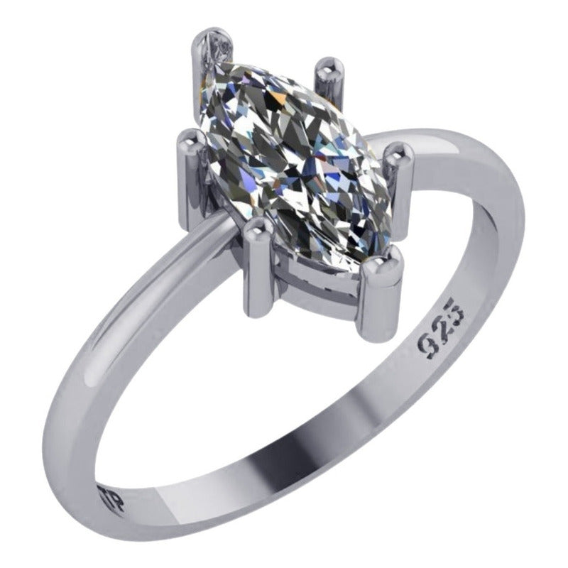 Anel Pura Prata 925 Solitário Navete Zirconia - Exclusivo