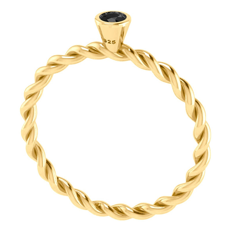 Anel Solitário Prata 925 Dourada 18k Torcido - Black Onix
