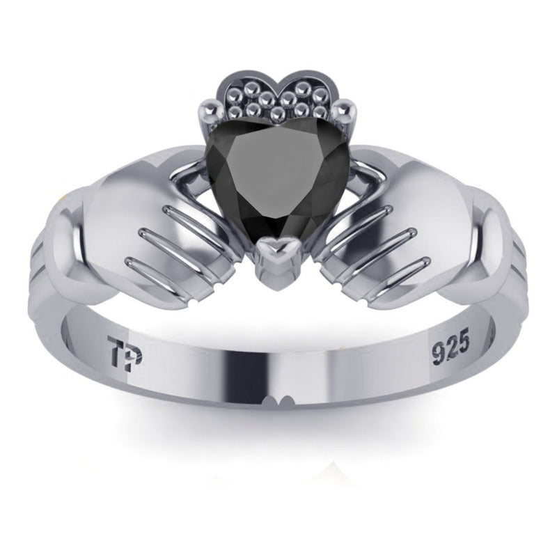Anel De Prata 925 Claddagh Black Ônix - Unissex