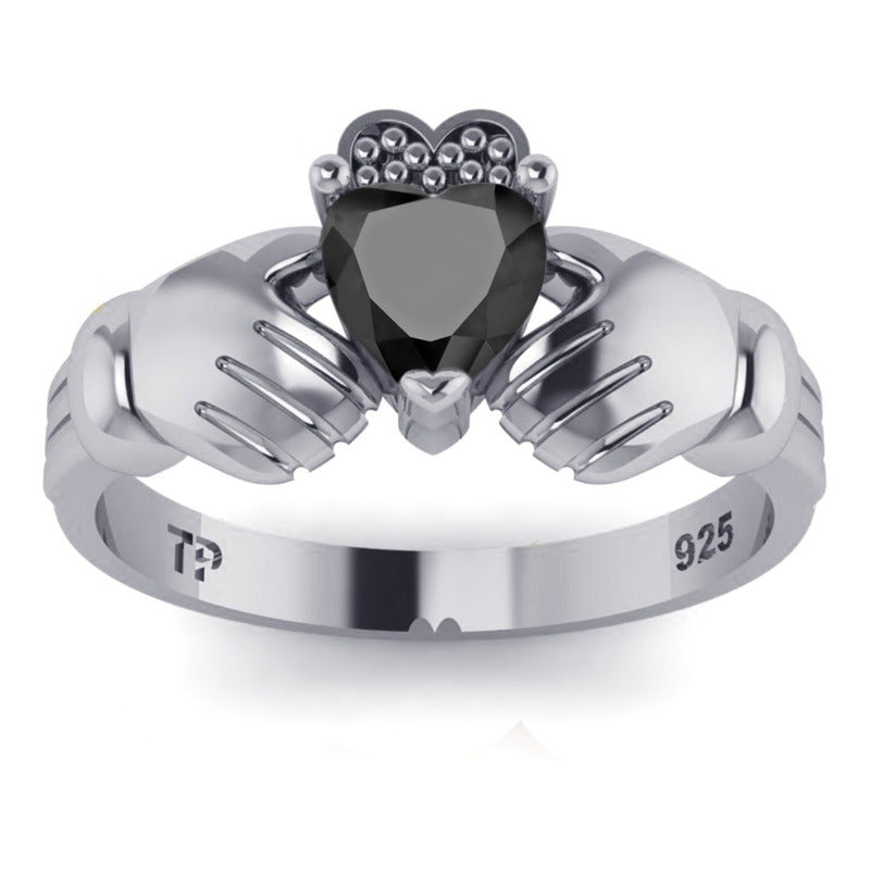 Anel De Prata 925 Claddagh Black Ônix - Unissex
