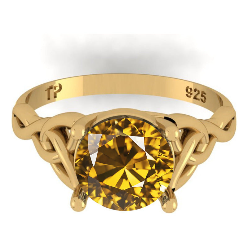 Anel Prata 925 Dourada 18k Celta Knot Trinity - Citrino
