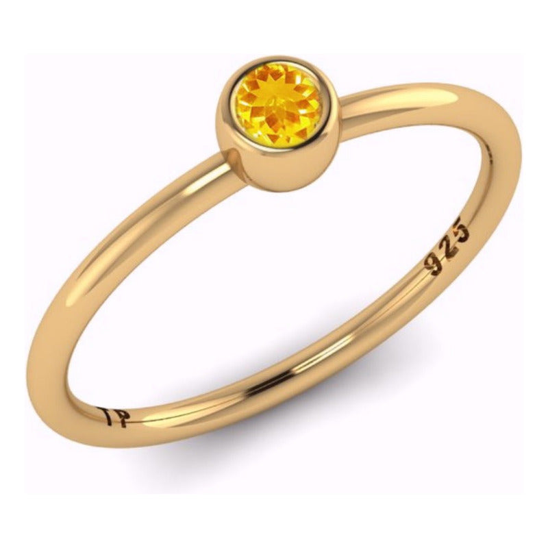 Anel Solitário Citrino Redonda - Prata 925 Dourada Ouro 18k