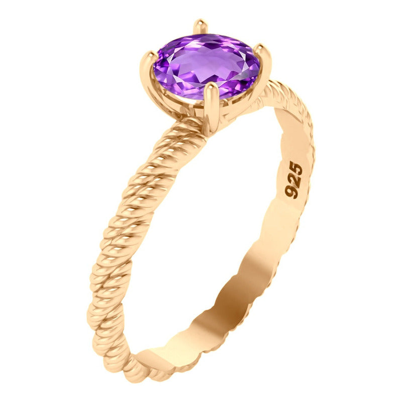 Anel Solitário Torcido Ametista Prata 925 Dourada Ouro 18k