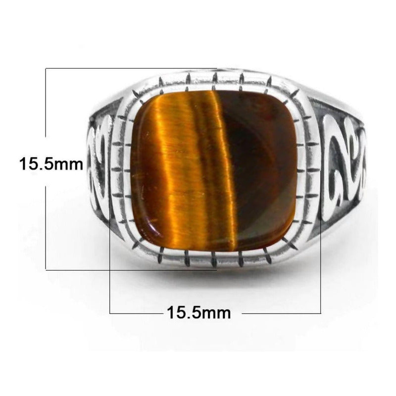 Anel Masculino Esculpido Prata 925 Olho De Tigre