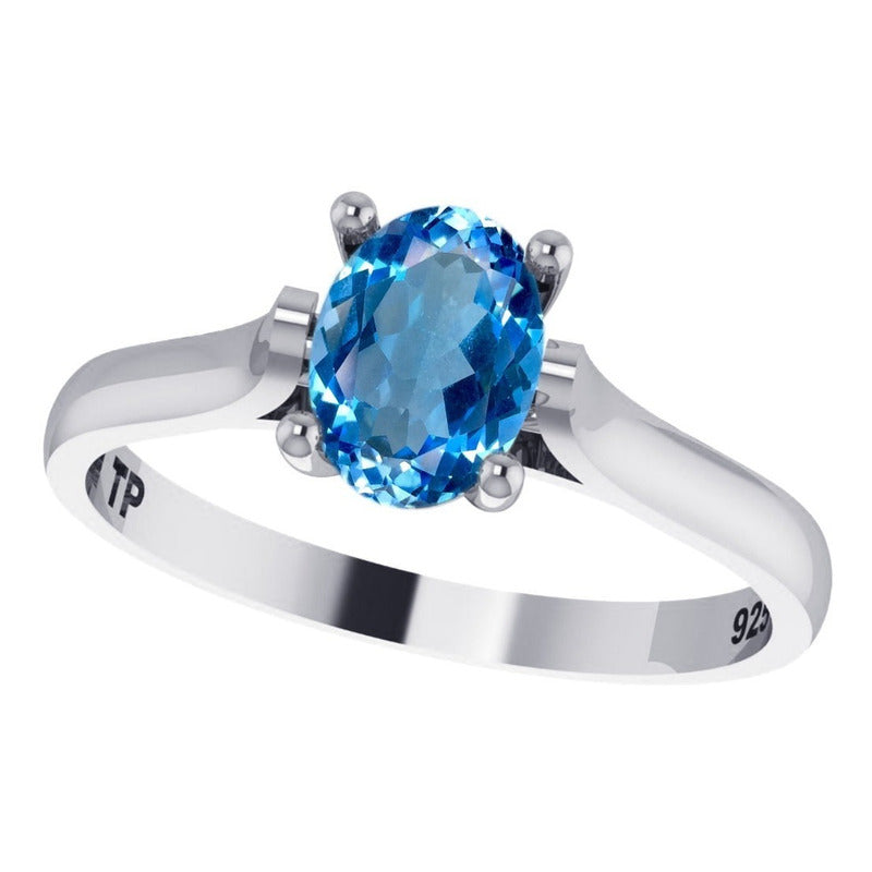 Anel Solitário Prata 925 Topázio Azul Oval - Exclusivo