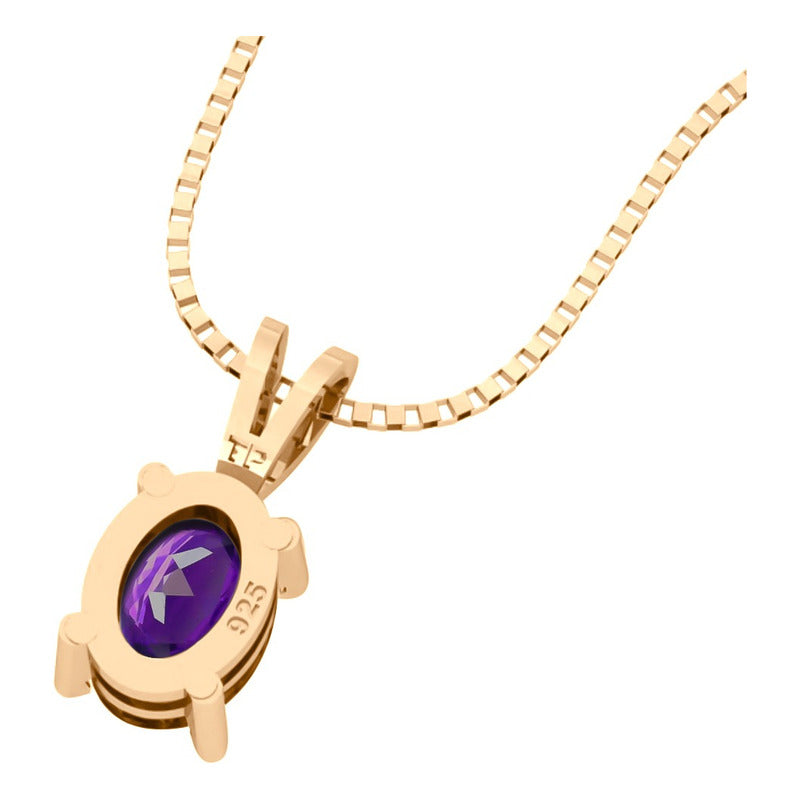 Colar Pingente Oval Prata 925 Dourada 18k - Ametista